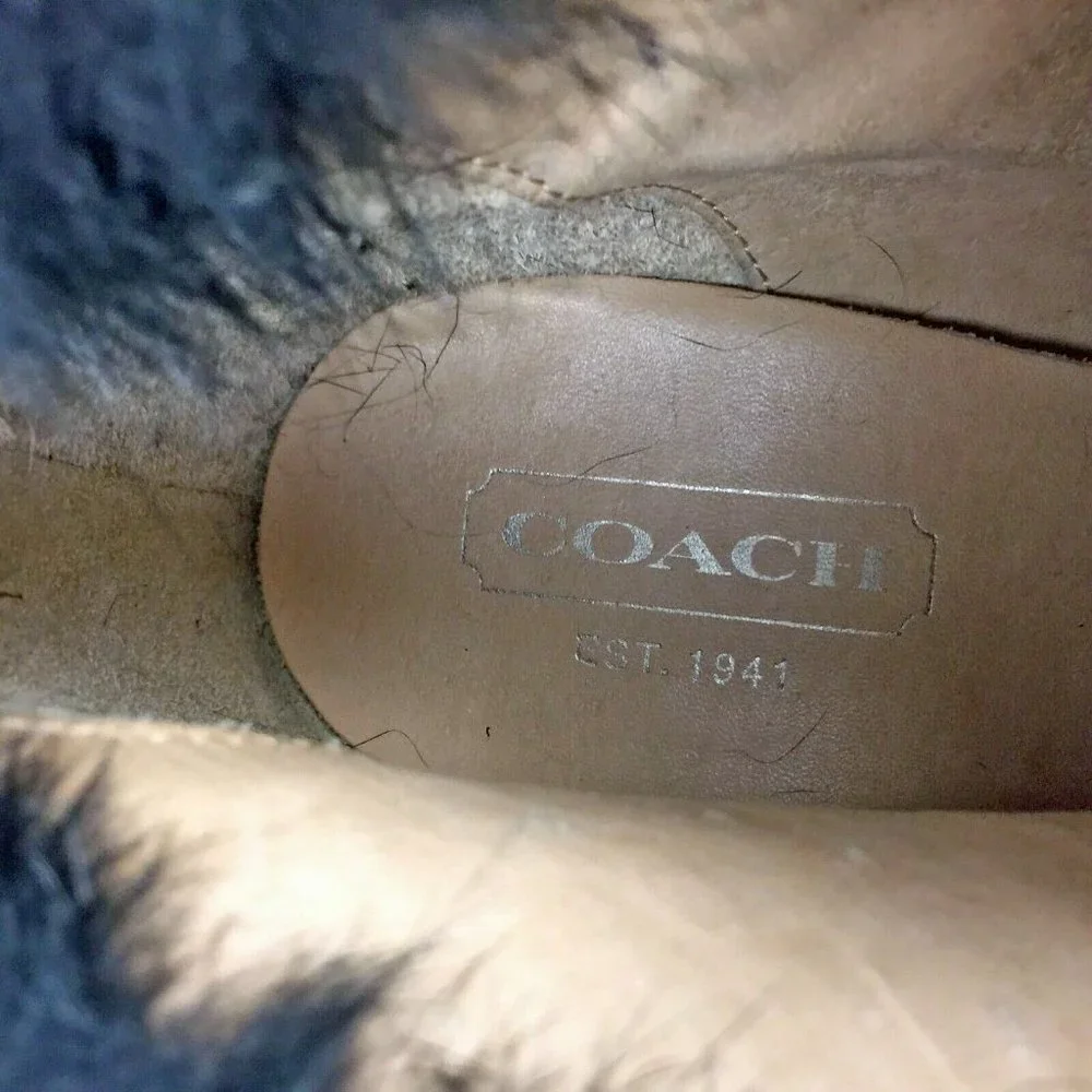COACH Kataya Black Suede Rabbit Fur Trim Lace Up‎ Wedge Booties